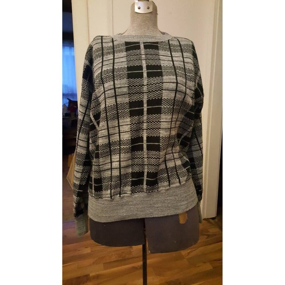 1980s era men's plaid pullover sweater. Gray-blue and black, . Size S/Small